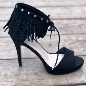 NEW Black Faux Suede Silver Studded Fringe Heels